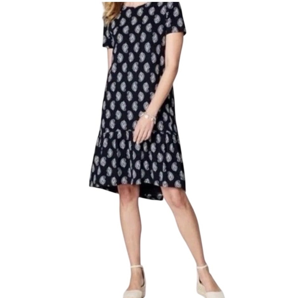 J.Jill Navy Paisley Print Short Sleeve Ruffle Hem Dress XL Blue Cotton Blend